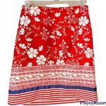 Loft  Red/white floral pencil skirt navy ribbon trim size 2 Photo 0