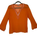 Itsu Silk Bright Orange Embellished Coastal Vacation Resortwear Blouse Top L Size 8 Photo 0