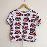 On Fire Red and White Blouse with Vintage Vehicle Print Photo 0