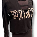 PINK - Victoria's Secret  Woman Black Crop Long Sleeve Tee T-Shirt V-Neck Cutout S Photo 0