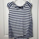 Jones New York JNY  women’s white navy striped 100% linen cap sleeve blouse top S Photo 0