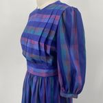 Vintage 80s Iridescent Plaid Fit & Flare Midi Dress Belted Long Sleeve Womens XS Blue Photo 4