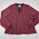Philosophy Red Floral Pleated Peasant Blouse Women's Large V-Neck Sheer Sleeve Photo 0