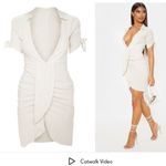 Pretty Little Thing Plt Stone Linen Ruched Sleeve Deep Plunge Bodycon Dress size 6 Photo 1