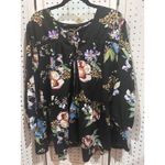 CHELSEA & THEODORE Black Floral Tiered Peasant Blouse Top XL Long Sleeve Tie Photo 1