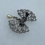 Vintage Bow & rhinestone ribbon with dangle faux pearl. Silver Photo 3