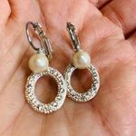 Silver Pearl Tiny Rhinestone Ear Hook Earrings Vintage 1" Long Photo 2