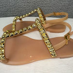 Stuart Weitzman Shoes 10 Gold Womens Jelly Rose Studded T-Strap Sandals Photo 0
