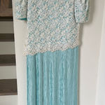 Vintage Richilene Beaded Pearls Pleated Lace Short Sleeve Dress Gown Blue White Photo 0