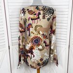 Mystery Mexican Print Smocked Top Bell Sleeve Tunic Shirt Tan‎ Multi Medium Tan Photo 3