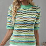 Miss Sparkling Green White Orange Pink Striped Short Sleeve Crochet Knit Top Photo 11