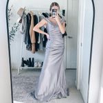 La Femme  Gray Satin Ruched Off the Shoulder Trumpet Gown Photo 2