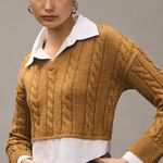 Pilcro Anthropologie Tan Cropped Cable-Knit Twofer Long Sleeve V-Neck Sweater Photo 0