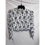 AQUA  Embroidered Crop Top Mock Neck Long‎ Sleeve Blouse White Blue XS Photo 2