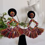Boho Ethnic Multi Color Seed Bead and Tassel Fringe Earrings Red Photo 2