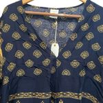 By Together V Neck Front Tie Blouse Top Sz M Blue Gold Kimono Sleeve Boho NEW Photo 1