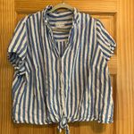 Ava & Viv  Linen Blend Striped Tie Front Cropped Short Sleeve Button Down Photo 2