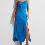 EXPRESS Satin Cowl Neck Asymmetrical Hem Maxi Slip Dress Blue Photo 1