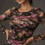 Maeve  Long-Sleeve Sheer Ruched Black & Pink Floral Top in Small EUC Photo 0