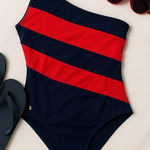 Ralph Lauren Lauren  One Shoulder One Piece Swimsuit Blue Red Stripes Size 10 NWT Photo 0