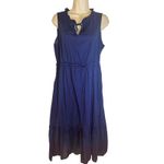 J.Crew  Navy Blue Cotton Ruffle Neck Tie Waist Midi Dress Size 10 Photo 1