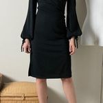 vintage 90s black v neck faux wrap cut out sleeve slit knee length midi dress Photo 2