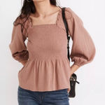 Madewell  Lucie smocked peplum long sleeve top pink square neck size 14 I48 Photo 0