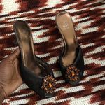 Yellow Box Y2K Glamour Evening Brown Black Gold Genuine Leather Jewel Fur Hair Kitten Heel Shoes Pumps Sandal Mules Open Peep Toe #whimsygoth #prom #dinner #evening #formal Size 7.5  Photo 0