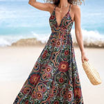 Cupshe Floral Ornate Print Plunge Maxi Dress Resortwear Spaghetti Strap Sz M NWT Photo 0