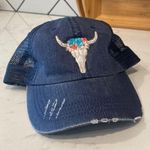 Shyanne  distressed flower bull skull adjustable trucker hat denim Photo 0