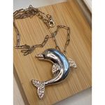 None Silver Dolphin Pendant Necklace With Rhinestone Accents On Gold-Tone Paperclip C Photo 3
