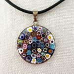 Italian Glass Millefiori Round Pendant Silver Rim Black Leather Strap Necklace Photo 2