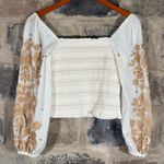 Anthropologie White Gold Floral Embroidered Smocked Cropped Square Neck Top S Photo 7