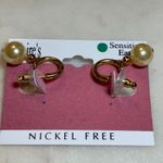 Claire's Vintage Gold tone Hoops with Pearl Earrings | Nickel Free Photo 1