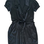 Bebe Black Silk/Spandex Ruffle Front Shirt Dress Button Front Cap Sleeve Size M Photo 0