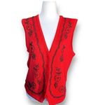 Vintage 90s Embroidered Sweater Vest Red Beaded Dark Floral Printed Knit Vneck Size M Photo 1