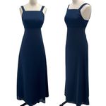 Vintage 90s Satin Empire Waist Gown Square Neck Fit & Flare Maxi Navy Blue XXS Photo 1