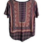 Lucky Brand Size Large Border Print Tee Shirt Blue Bohemian Aztec Scoop Neck Photo 1