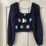 Aerie Crochet Granny Square Cottagecore Puff Sleeve Vacay Crop Top Navy XS NEW Photo 1