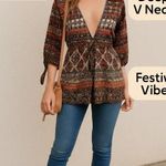 EMBER Coffee Brown Deep Vneck Tie Cuffs Festival Boho Blouse Top Large vacation Photo 1