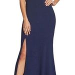 Dress the Population NWOT AMY crepe one shoulder maxi slit navy gown sz L Photo 0