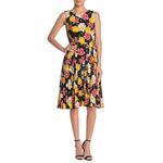 T Tahari Floral Print Accordion Pleat Belted Dress Sleeveless Black Multi Small Photo 1