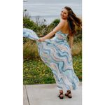 LIV FOSTER Blue Orange Abstract Watercolor Wave Pattern Halter Neck Maxi Size 6 Photo 4