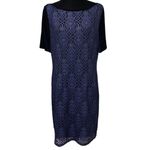 T Tahari  Blue Metallic Lace Velvet Dress Sheath Boat Neck Size Medium Photo 2
