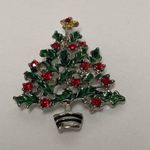 Christmas Tree Pin Brooch Silver Color Metal Red Green Crystal Rhinestones Photo 0