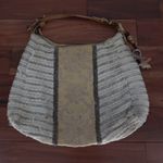 Jasper & Jeera Boho Fringe Beaded Cream Silver Striped Hobo Bag White Photo 6