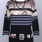 Feratelli Blue Stripe Retro Vintage 3/4 Sleeves Stretch Knit Round Neck Top M Black Size M Photo 0