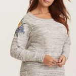 Torrid Womens Sweater Size 4 4X 26 Space Dye Knit Embroidered Floral Sleeve Gray Photo 0