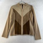 Vtg Small S Leather Patchwork Full Zip Ribbed Sweater Retro Grunge Punk Boho Brown Photo 1