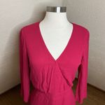 Bebe  Dress Womens 6 Raspberry Pink Chiffon Faux Wrap Midi Sheer 3/4 Sleeve Photo 3